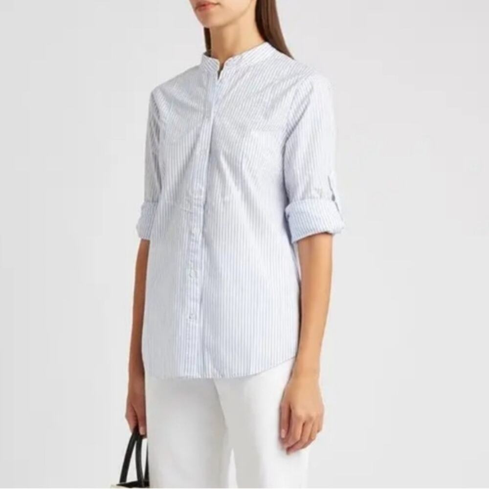 Veronica Beard Waha Tunic Top Size S White & Blue Pin Stripe Mao Neck Roll Up